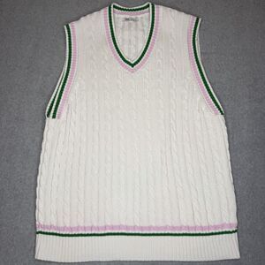Zara Men’s Cable Knit V-Neck Sweater Vest White Green Pink Preppy Tennis Size L